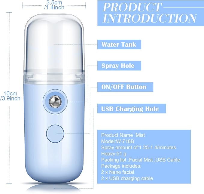 Honoson 2 Pieces Nano Facial Mister 30 ml Mini Face Humidifier Portable Facial Sprayer USB Rechargeable Handy Skin Care Machine for Face Hydrating, Daily Makeup (Black and Blue)