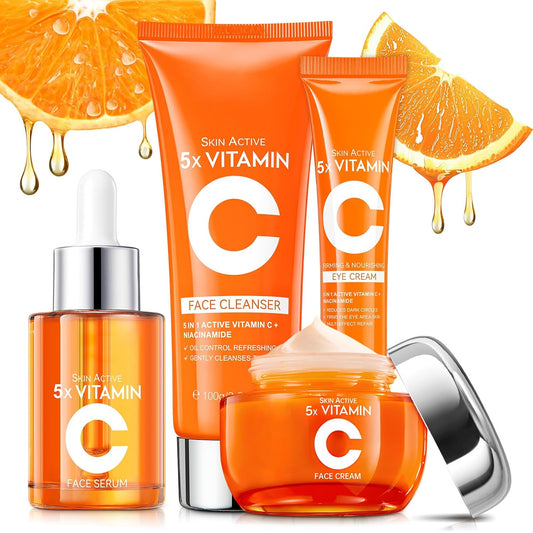 Vitamin C Skin Care Set - 4PCS Travel Skin Care Set With Facial Cleanser, Eye Cream, Serum & Face Cream - Korean Facial Skincare Set for Teen Girls and Women for Moisturizing, Anti-Aging, Anti-Wrinkle