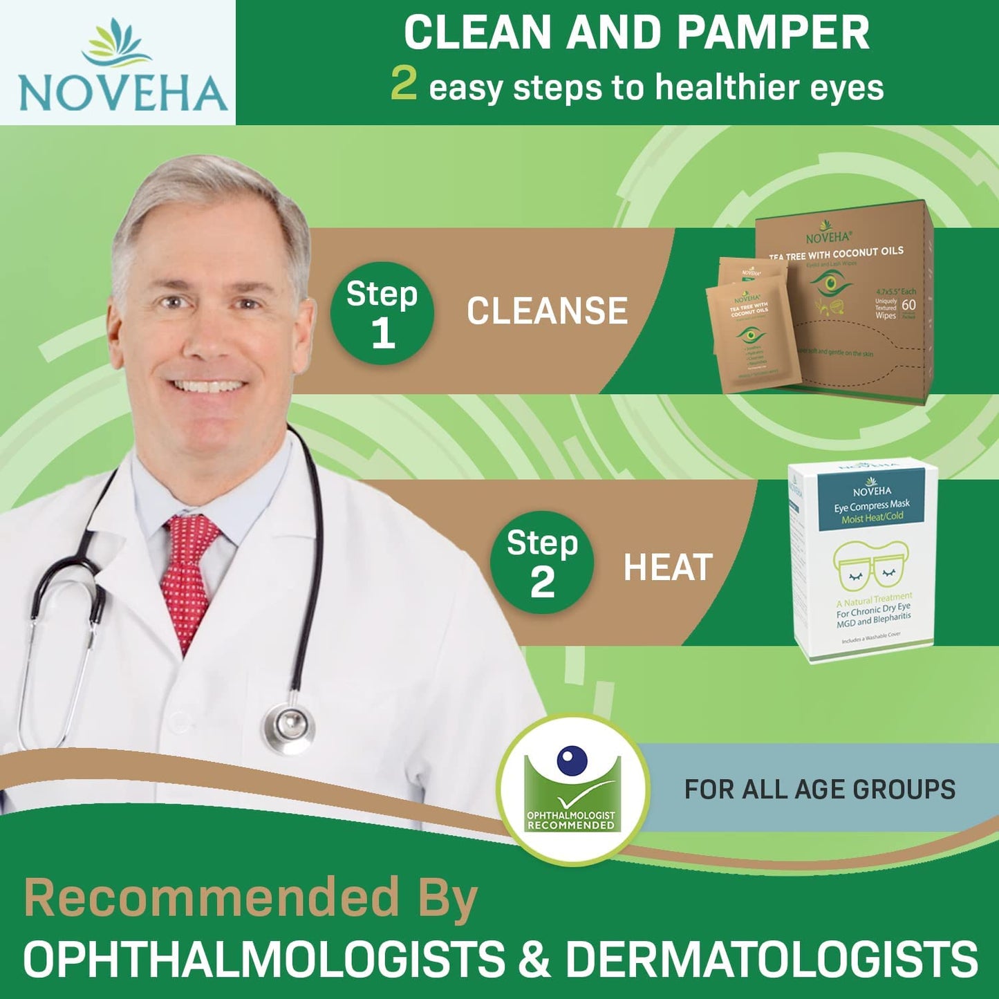 NOVEHA 120PCs Tea Tree & Coconut Oil Eyelid & Lash Wipes - For Demodex, Blepharitis & Itchy Eyes, Individually Wrapped Eyelash Wipes With Aloe Vera, Natural Makeup Remover & Daily Eye Cleanser - 2pack