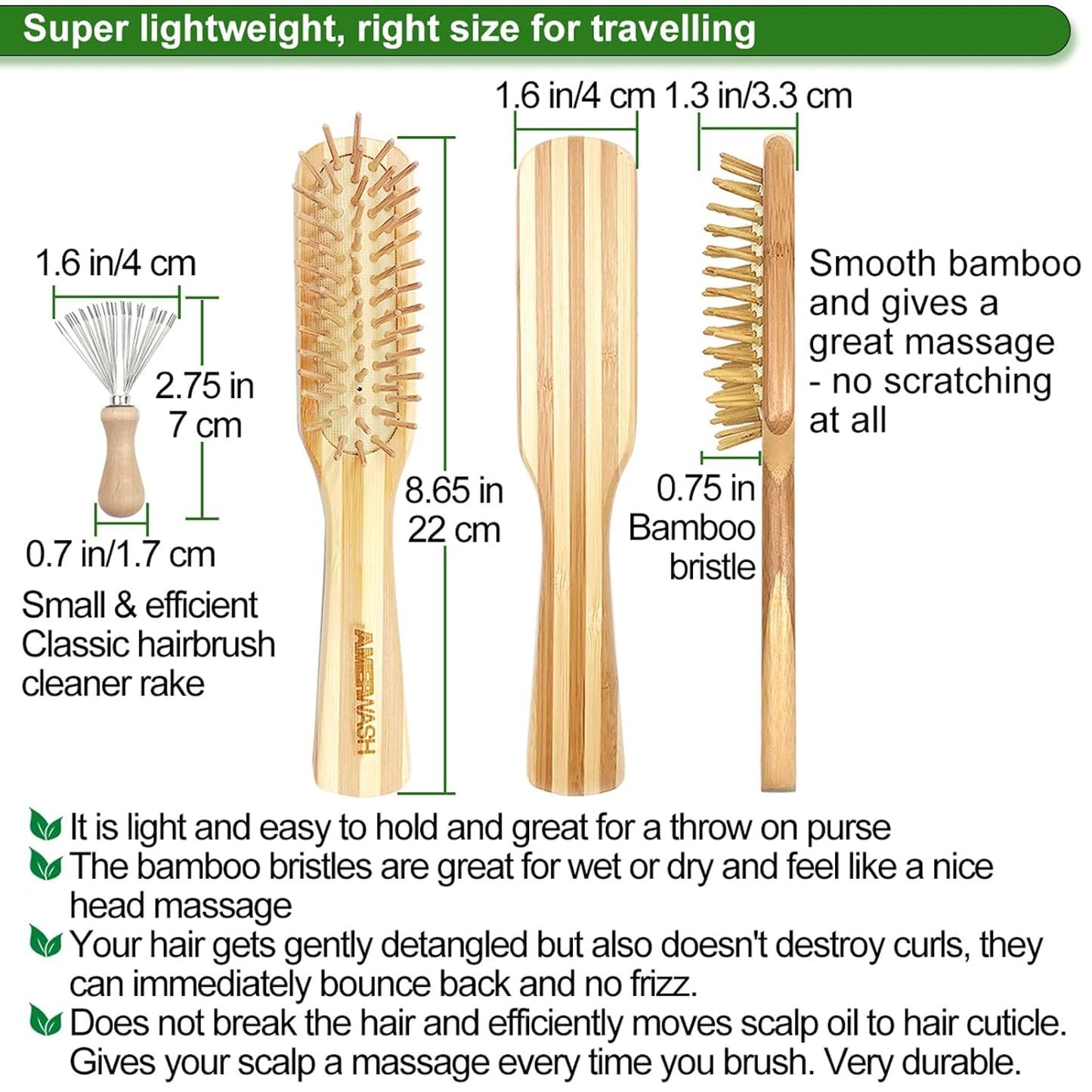 Bamboo Hair Brush with Cleaner Tool For Women Men, Bamboo Bristle Wooden Paddle Detangling Brush Helps Hair Growth, Enhance Shine & Health, Massaging Scalp - 2 Pack