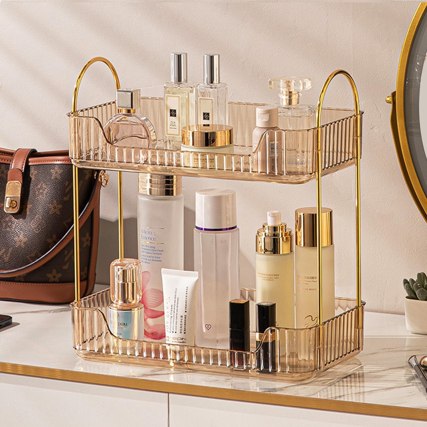 Aveniee Bathroom Counter Organizer, 2 Tier Perfume Skin Care Countertop Storage Shelf, Vanity Makeup Tray for Cosmetic Skincare Lotion, Gold