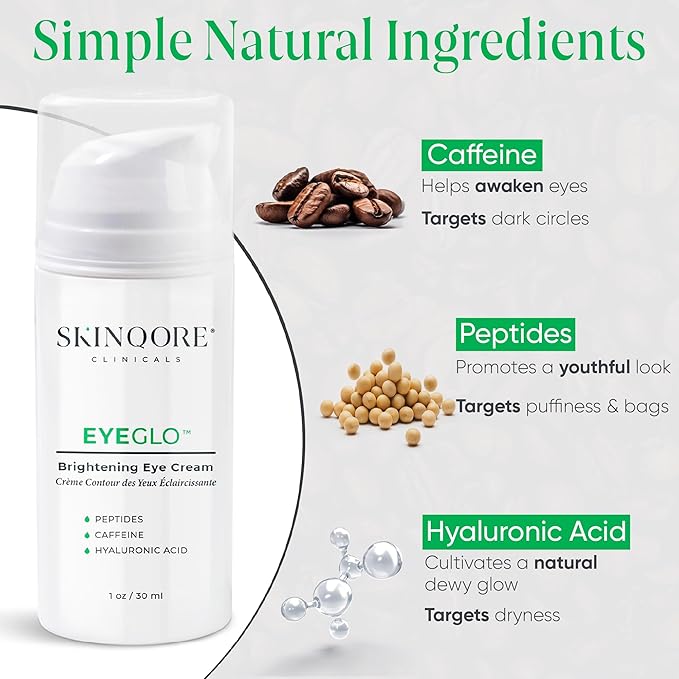 EyeGLO Caffeine Eye Cream for Dark Circles, Eye Bags, and Puffiness | UnderEye Treatment for Women with Peptides, Antioxidants, Hyaluronic Acid | Natural Brightening EyeCream - 1 Oz