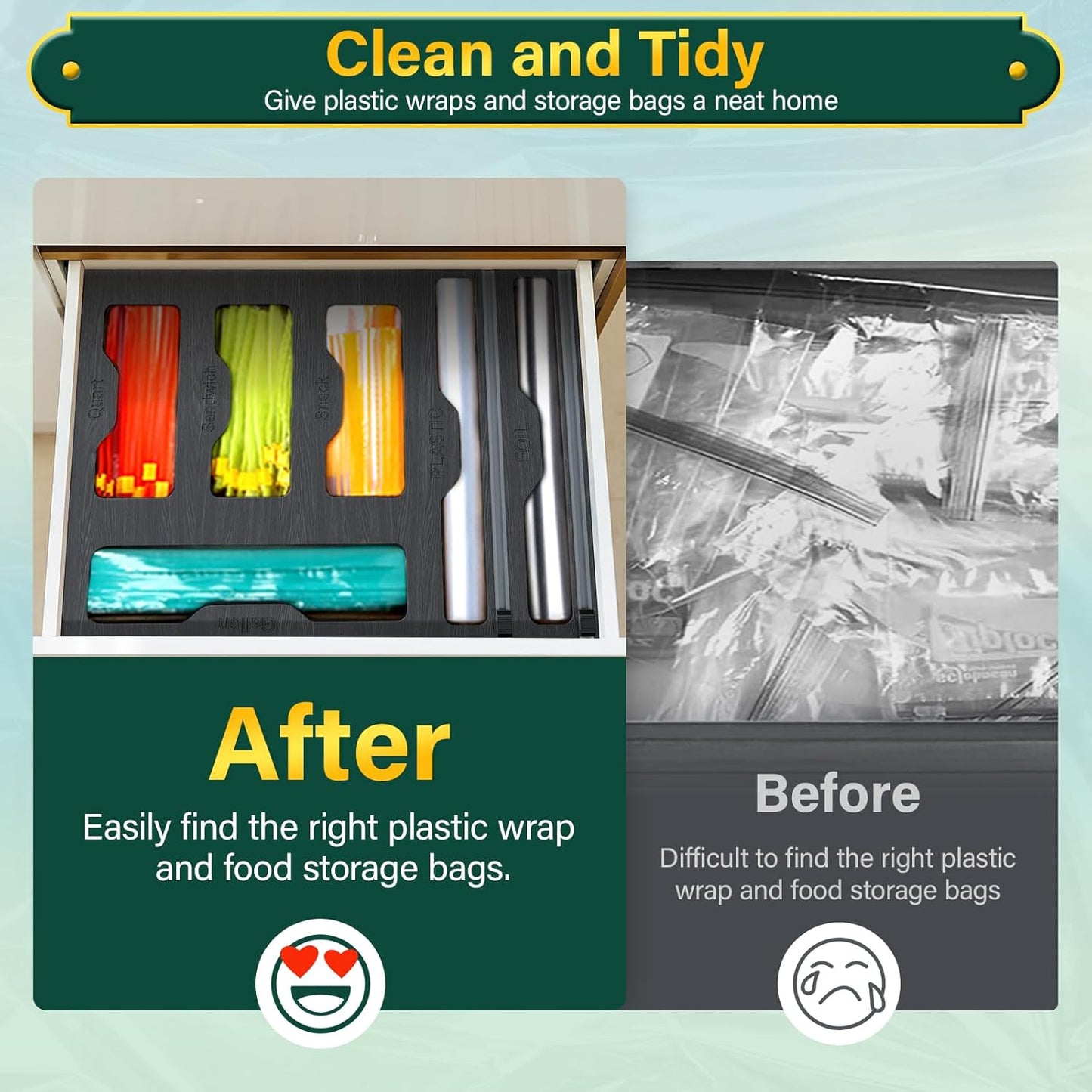 KOCWELL Bag Organizer & Plastic Wrap Dispenser with Cutter, 6 In 1 Bamboo Foil & Plastic Wrap Organizer for Kitchen, Food Storage Bag Organizer