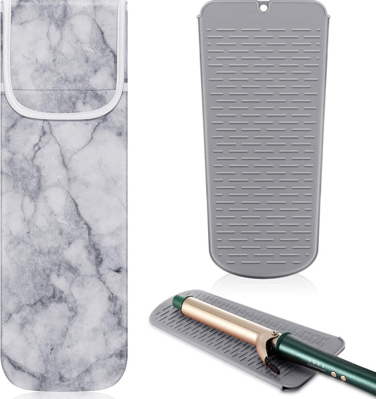 Shappy 2 Pieces Curling Iron Travel Case Cover Heat Resistant Flat Iron Holder Case Sleeve Neoprene Straightener Holder and Silicone Hot Tools Flat Bag(Marble Style)