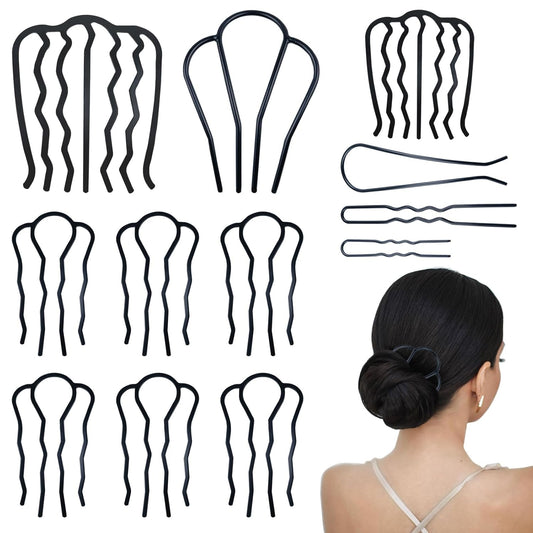 12 Pieces Hair Side Combs Metal Hair Fork Clip French Twist Comb Updo Hair Stick, U-Shape Teeth Styling Tools Messy Bun Maker Vintage Hairstyle Hair Pins Hair Accessories for Women and Girls