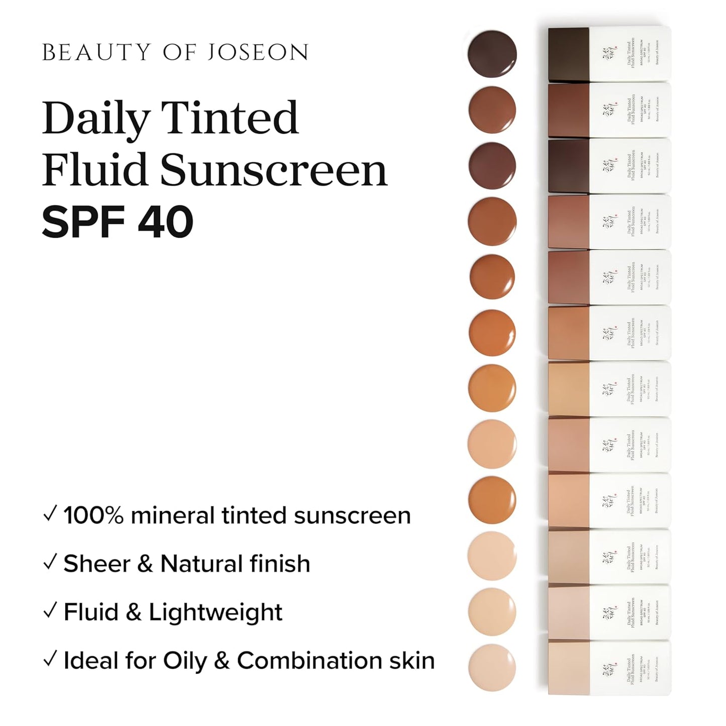 Beauty of Joseon Daily Tinted Fluid Sunscreen 12 Shades for Face Moisturizing Broad Spectrum SPF 40 Korean Skincare 50ml, 1.69 fl.oz #DN310