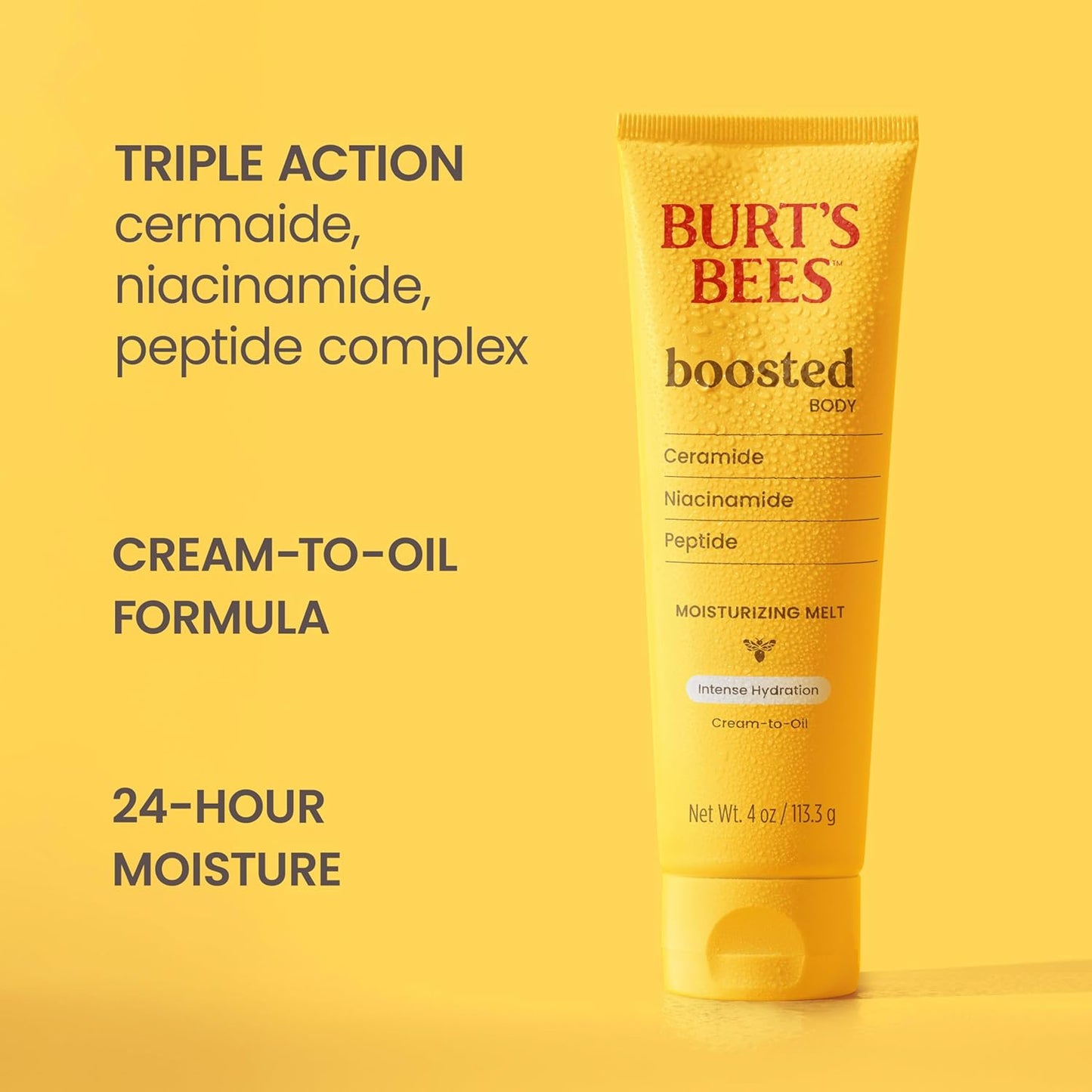 Burt's Bees Christmas Gifts, Boosted Body Moisturizing Melt With a Ceramide, Niacinamide and Peptide Complex, Intense Skin Hydration, Cream-to-Oil Body Lotion, Tropical Scented, 4 oz. Tube