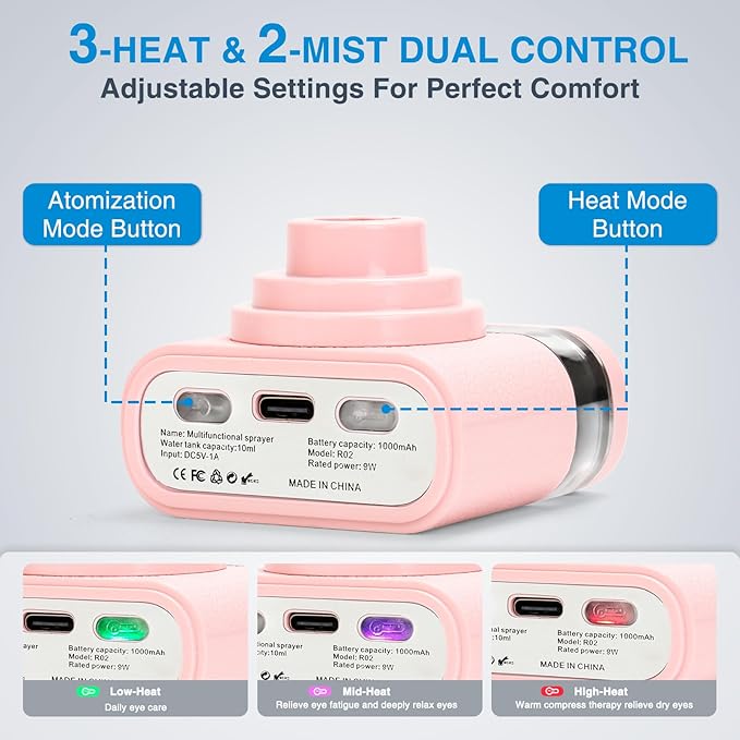 Eye Steamer for Dry Eyes Relief,Portable Electric Heated Steam Therapy Wand Machine with Moist Heat for Natural Tears Restore,Dry Eye Mist Sprayer with Warm Compress and 3 Level-Heat (Pink)