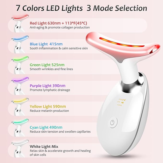 Face Massager Tool, Facial Massager 7 Color, Facial and Neck Massager, Multifunctional Facial Skin Care Tool, Face Neck Massager for Daily Skin Care Routine, White