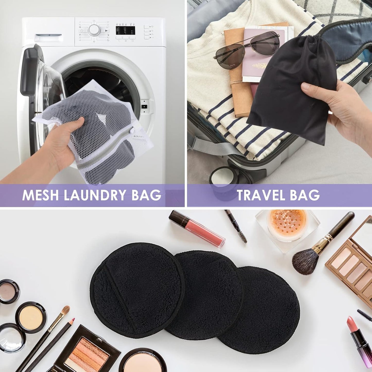 SUNLAND Reusable Makeup Remover Pads for Face,Eyes ,Lips 16 Pack Microfiber Face Cleansing Gloves Washable with Laundry Bag and Travel Bag Rounds Toner Pads (round 3.15inchx16, Black)