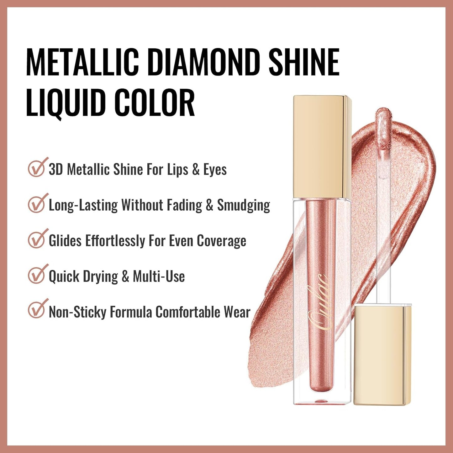 Oulac Bronzy Pink Lip Gloss Metallic Shine Lipstick for Women, Dual Use for Lips & Eyeshadow,Long Lasting Waterproof, High Impact Lip Color, 3D Metallic Finish, No Transfer, Vegan MD06