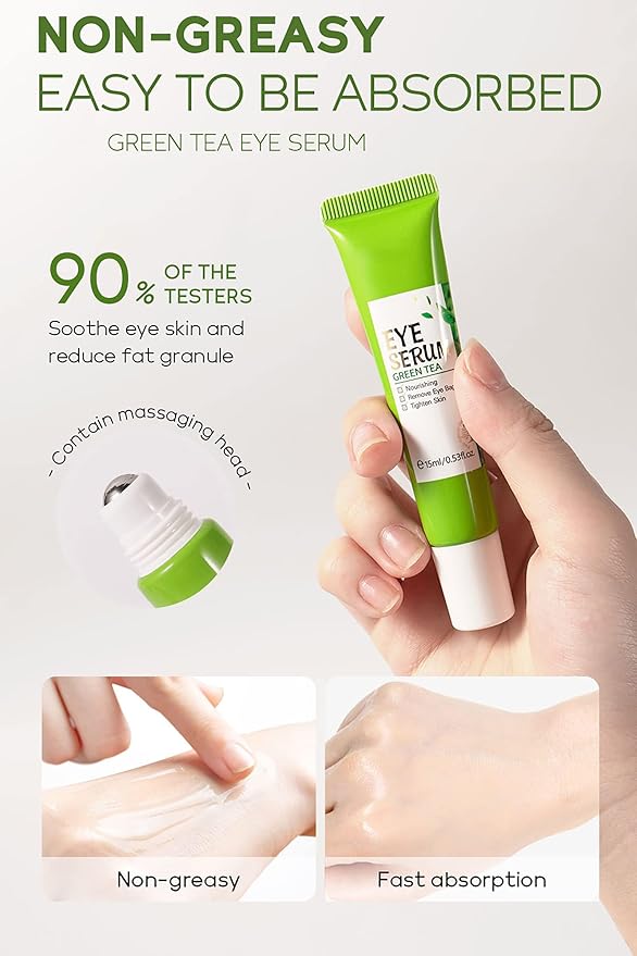 AKARY Green Tea Eye Serum and Under Eye Roller Cream, for Eye Bags Puffiness, Caffeine Eye Cream with 360° Massage Ball Reduce Wrinkles and Fine Lines, Under Eyes, Moisturizing, Hydrating, Firming Eye Skin (Green Tea)