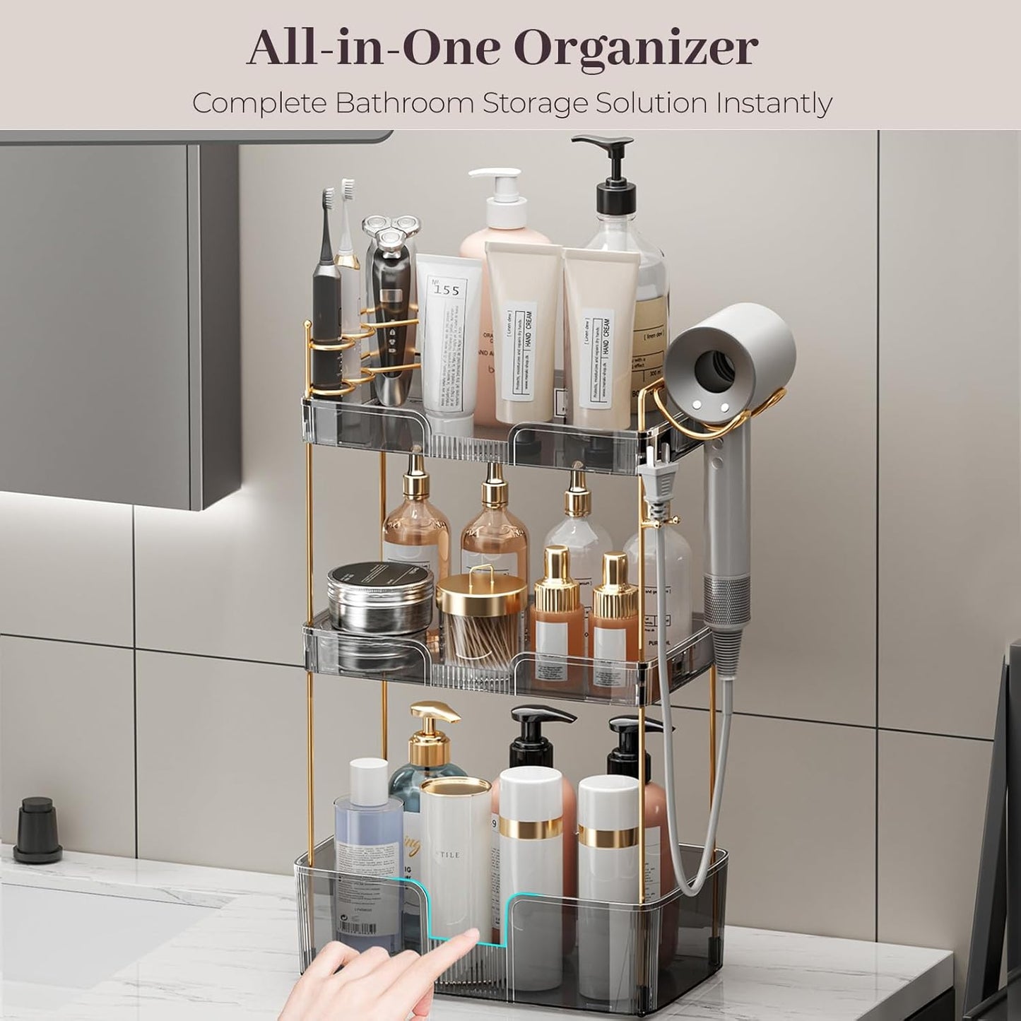 Aveniee Bathroom Counter Organizer,3 Tier Skincare Perfume Countertop Storage with Hair Dryer Rack and Toothbrush Holder, Cosmetic Makeup Tray for Vanity,Grey