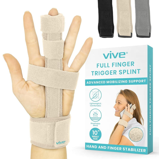 Vive Trigger Finger Splint - Full Hand and Wrist Brace Support - Adjustable Locking Straightener - Straightening Immobilizer Treatment For Sprains, Mallet Injury, Arthritis, Tendonitis (Beige)