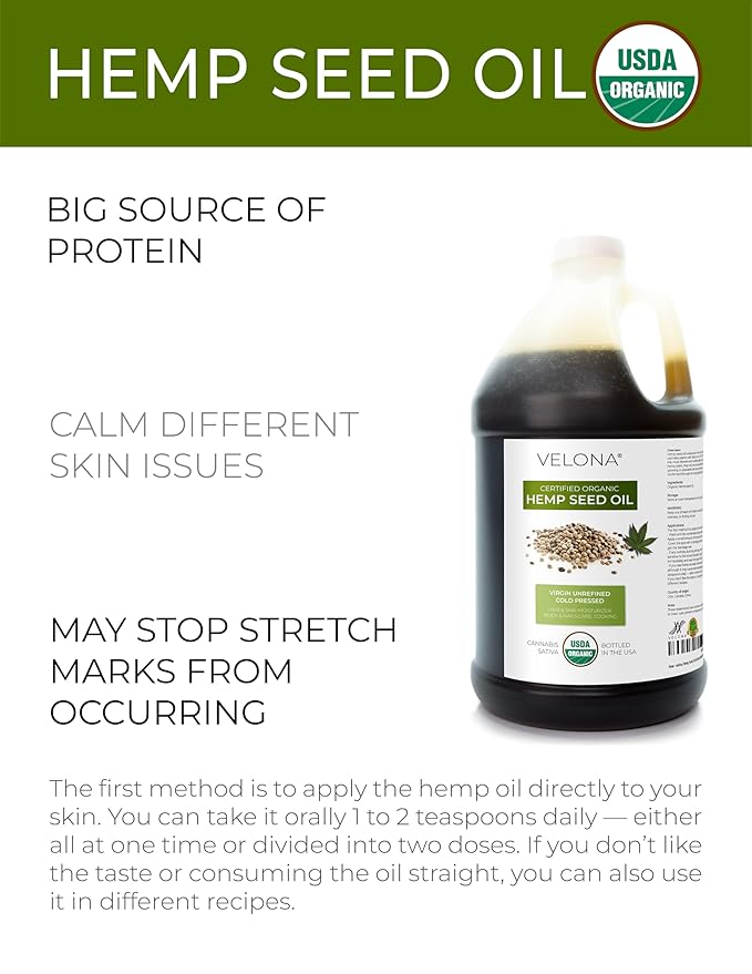 velona Hemp Seed Oil USDA Certified Organic - 1 Gallon / 128 Fl Oz | 100% Pure and Natural Carrier Oil | Unrefined, Cold Pressed | Hair, Body, Face & Skin Care