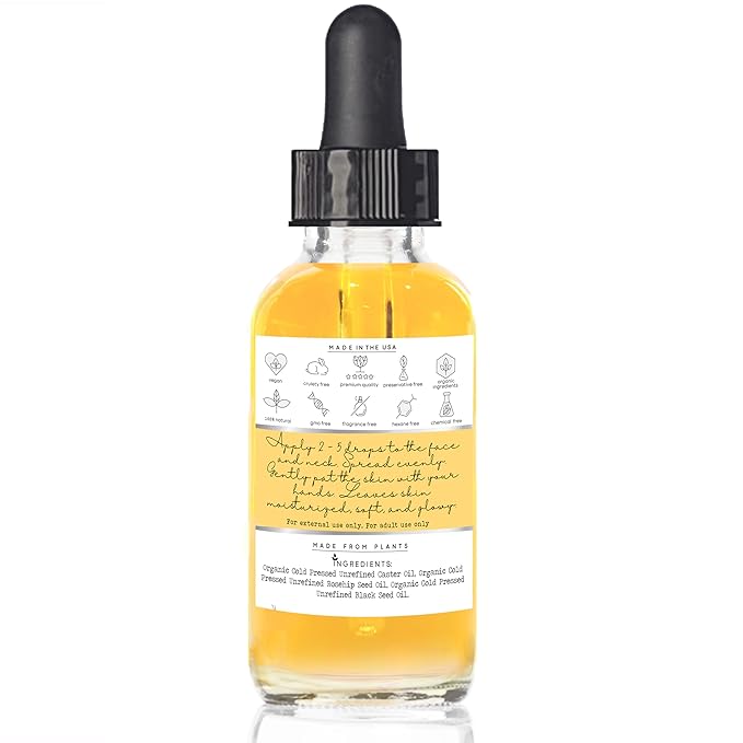 2 FL OZ Black Seed, Rosehip, Castor Oil Organic Cold Pressed Fortifying Miracle Facial Moisturizer Face Oil Anti-Aging, Nourishing, Hydrates Dry Skin Glass Bottle Hexane Free