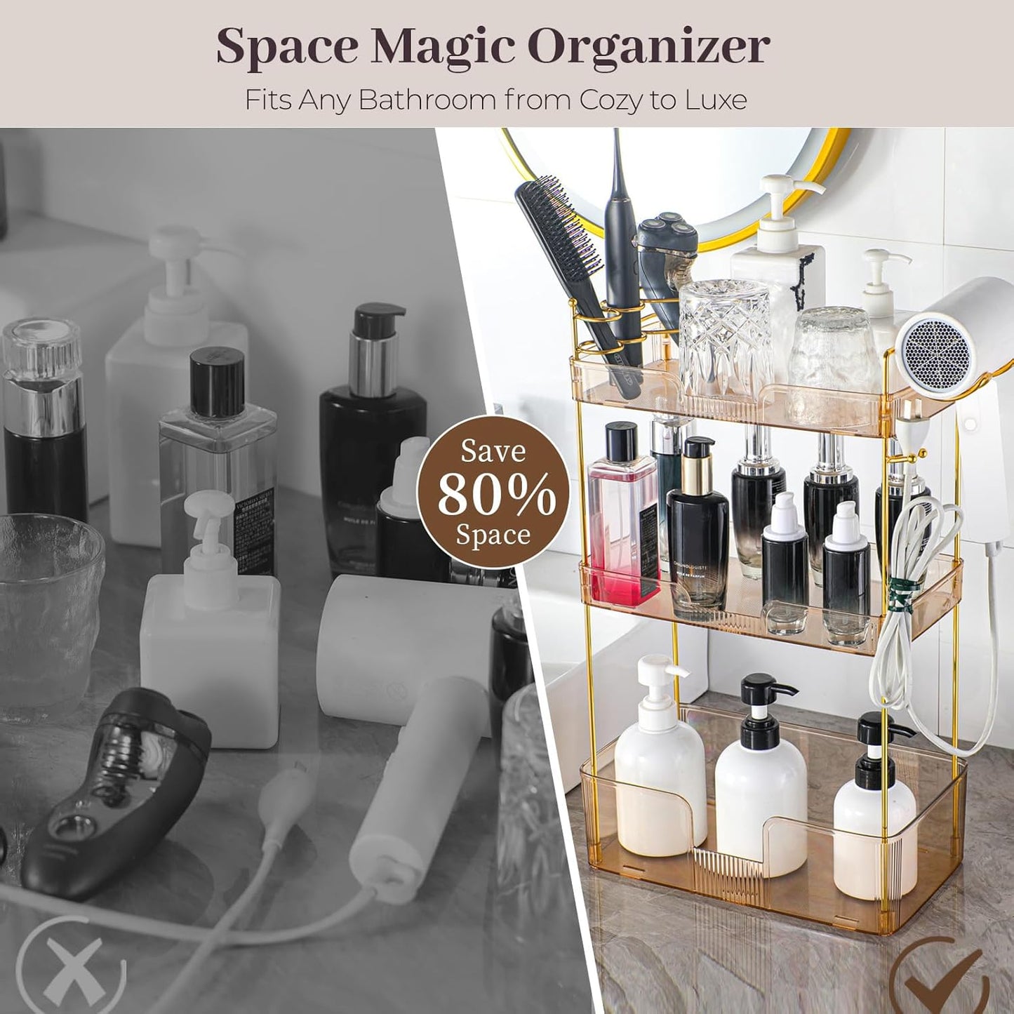 Aveniee Bathroom Counter Organizer,3 Tier Skincare Perfume Countertop Storage with Hair Dryer Rack and Toothbrush Holder, Cosmetic Makeup Tray for Vanity - Gold