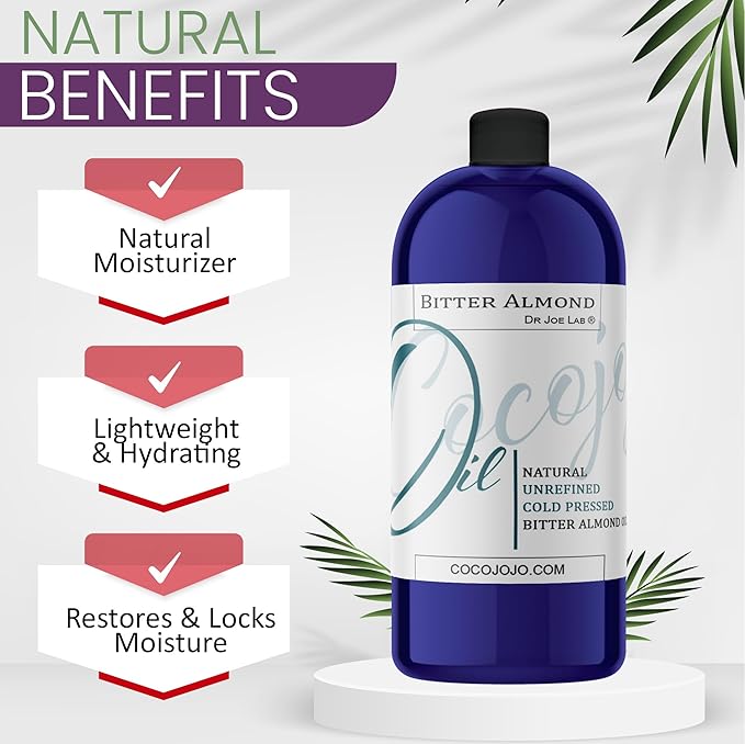 Dr Joe Lab Bitter Almond Oil - 32 oz - Pure Unrefined Cold Pressed Extra Virgin Non GMO All Natural, Vegan Bulk Carrier Oil Perfect for Body Hair Face Skin Nails Facial Hair DIY Cosmetics