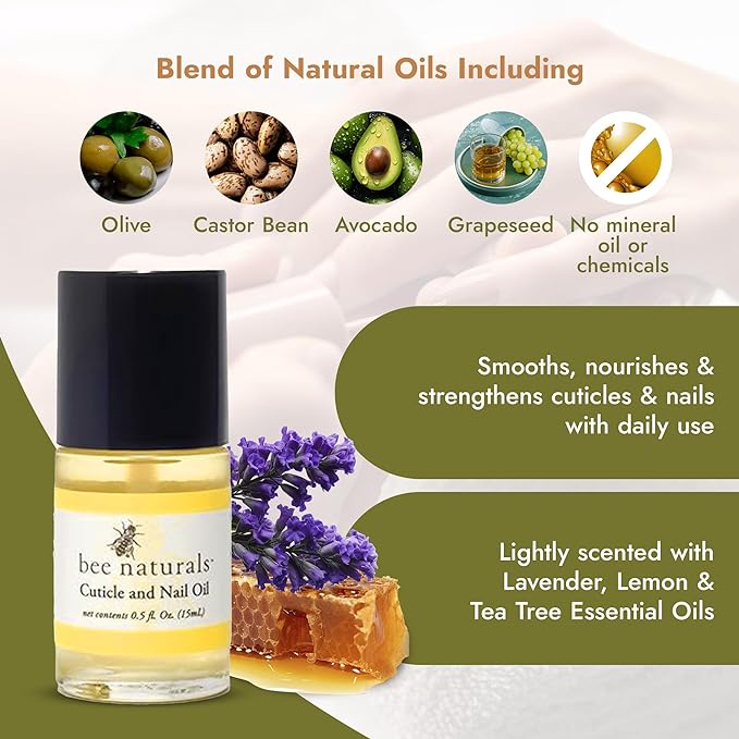 Bee Naturals Nail & Cuticle Oil Kit – Nourishing Nail Strengthener with Vitamin E, Olive & Avocado Oils – Lavender Lemon & Tea Tree Aromatherapy – Easy Pen Applicator for Healthy, Revitalized Nails