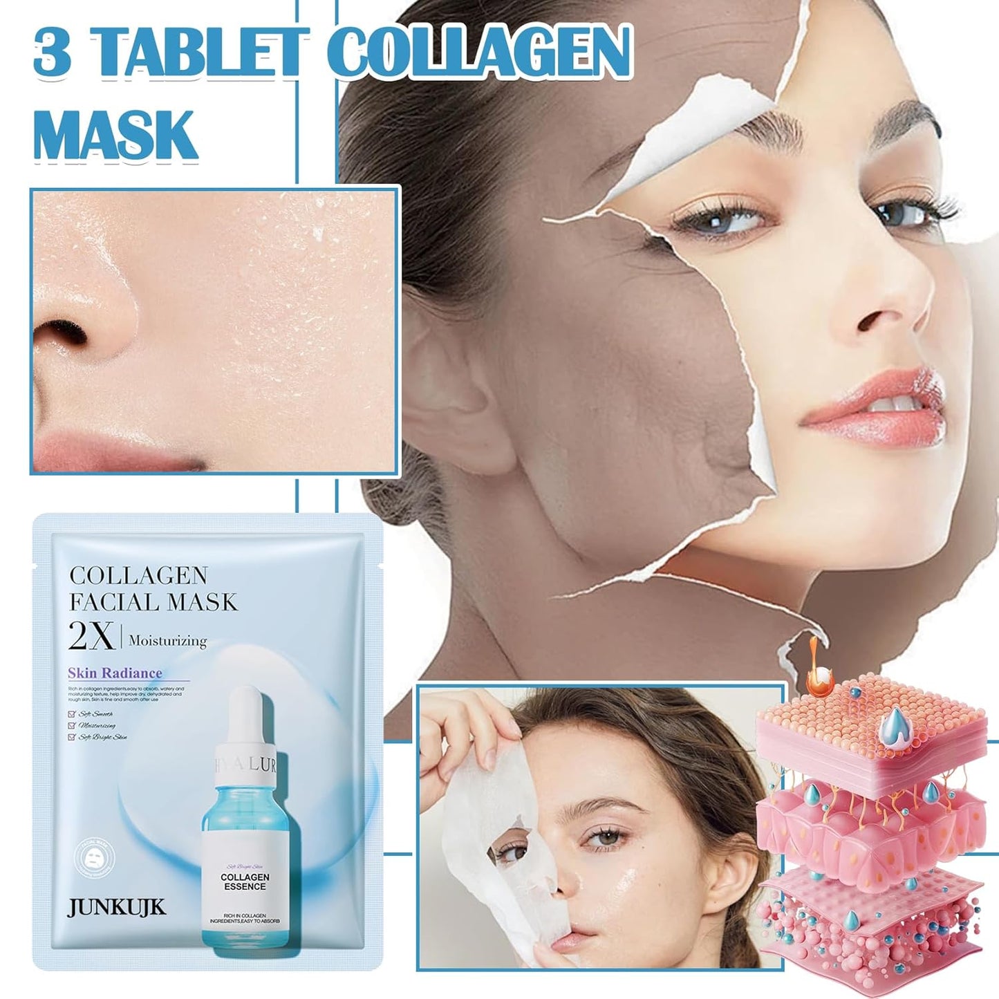 3 Pack Collagen Face Sheets Mask,Hydrating Face Masks Skincare,Moisturizing Facial Masks for Women and Men,Overnight Face Mask Skin Care for All Skin Types