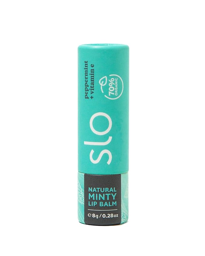 Slo | Natural Lip Balm - All Natural Ingredients, Vegan & Cruelty Free, Hydrating & Soothing, Plastic Free, Paper Packaging | Peppermint + Vitamin E, (0.28oz/8g)