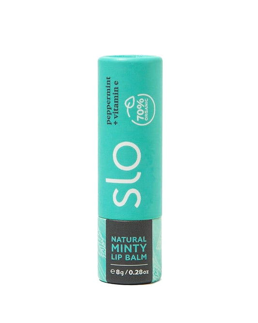 Slo | Natural Lip Balm - All Natural Ingredients, Vegan & Cruelty Free, Hydrating & Soothing, Plastic Free, Paper Packaging | Peppermint + Vitamin E, (0.28oz/8g)