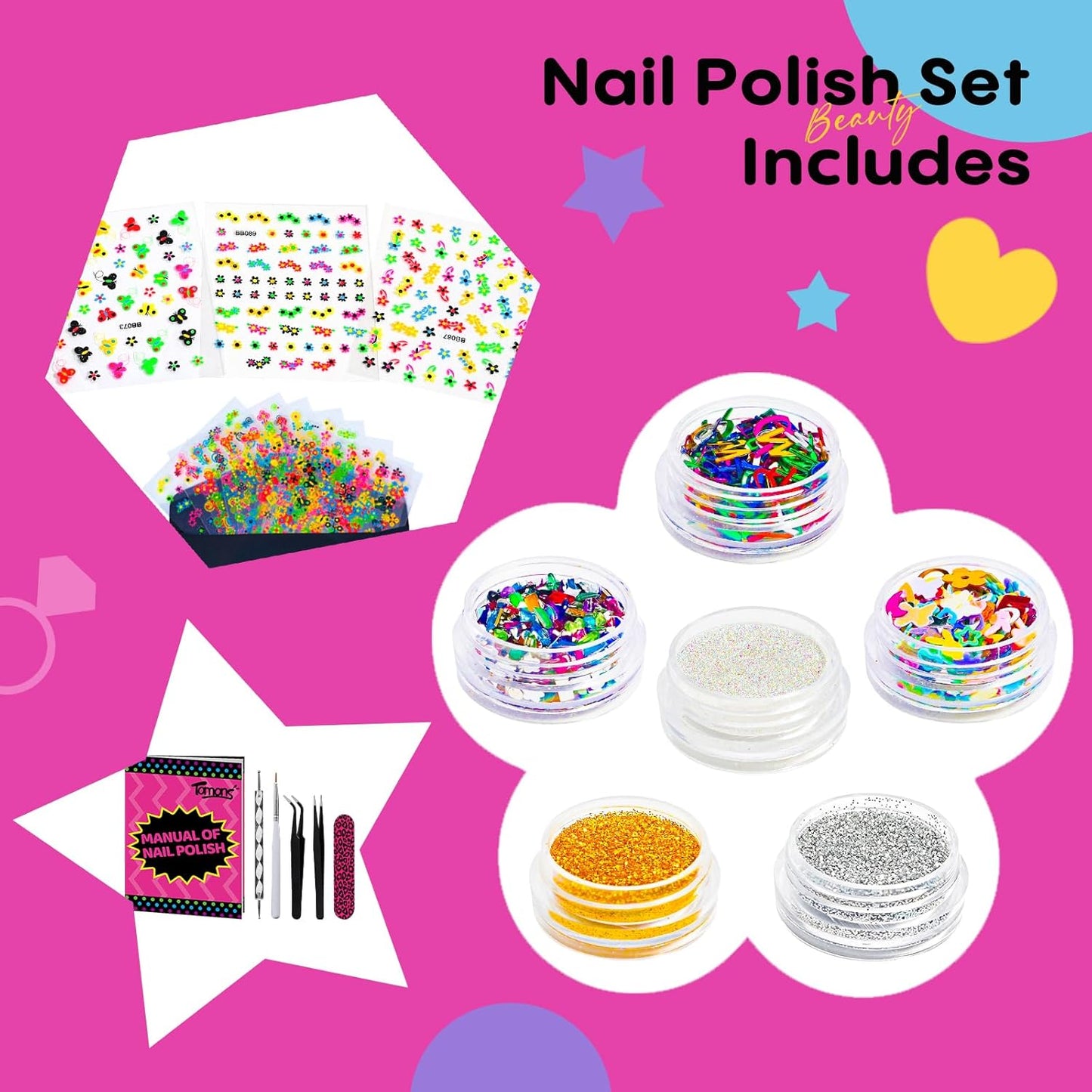 Tomons Nail Polish Set Non Toxic Kids Nail Polish Kit for Kids Ages 7-12, Birthday Gifts for 6 7 8 9 10 11 12 Year Girl, Glitter, Sequins, Stickers, Nail Art Kit Tools- 8 Colors