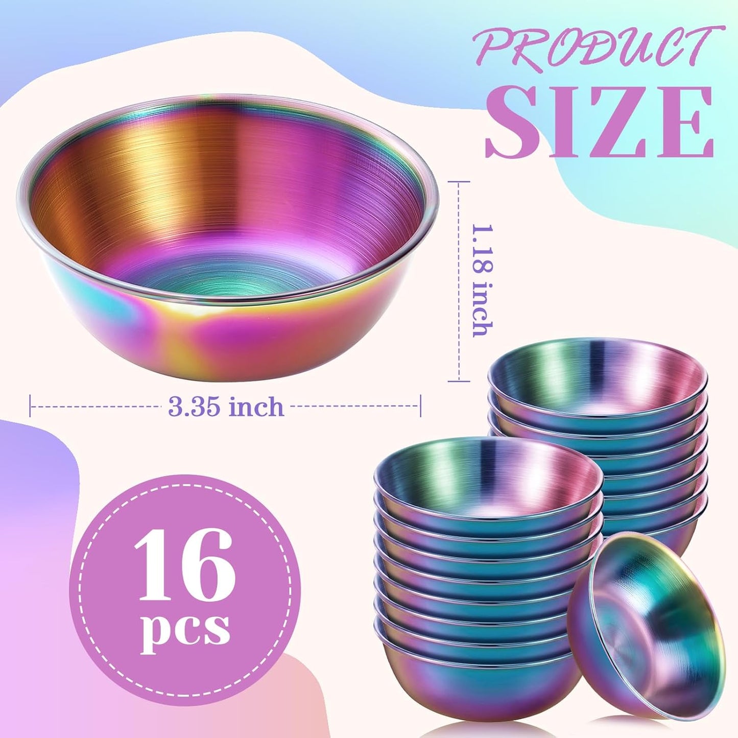 Vesici 16 Pcs Stainless Steel Facial Bowls 3.35 Inches Esthetician Mixing Bowls Esthetician Supplies for Women Skincare Salon Cosmetic Spa Home Use(Laser Color)