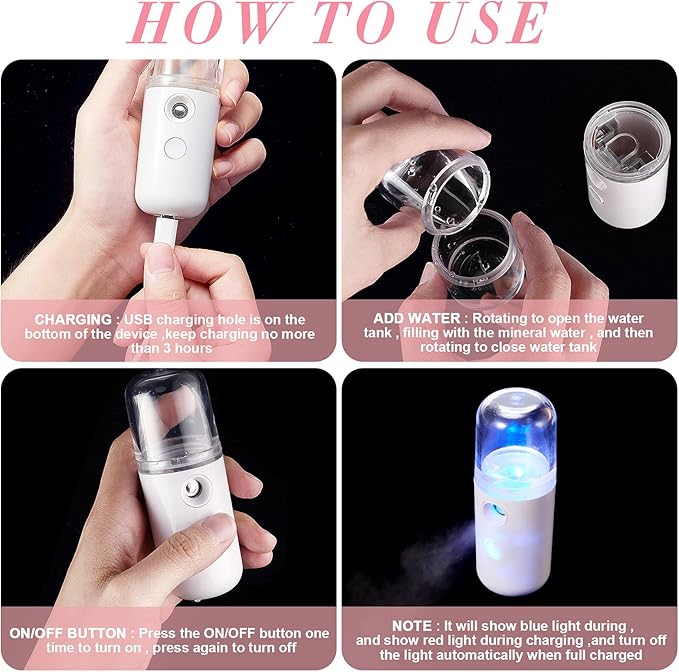 Honoson 2 Pieces Nano Facial Mister 30 ml Mini Face Humidifier Portable Facial Sprayer USB Rechargeable Handy Skin Care Machine for Face Hydrating, Daily Makeup (Black and White)