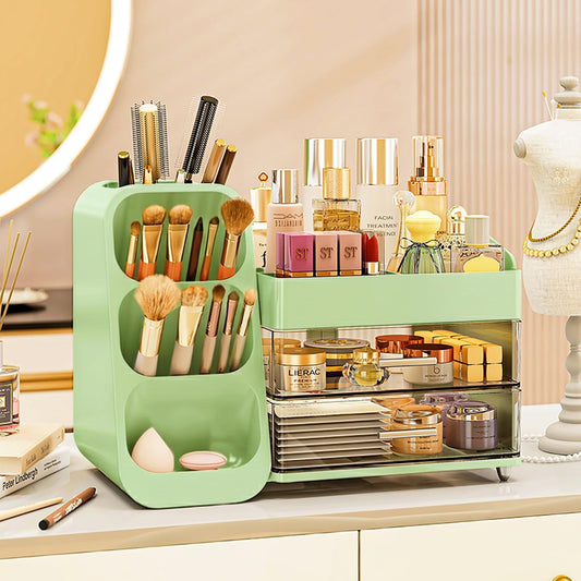 Makeup Organizer with Drawers,Large Capacity Countertop Organizer for Vanity,Bathroom and Bedroom Desk Cosmetics Organizer,Easy To Storage Skincare,Brushes,Lotions,Lipstick (Green)
