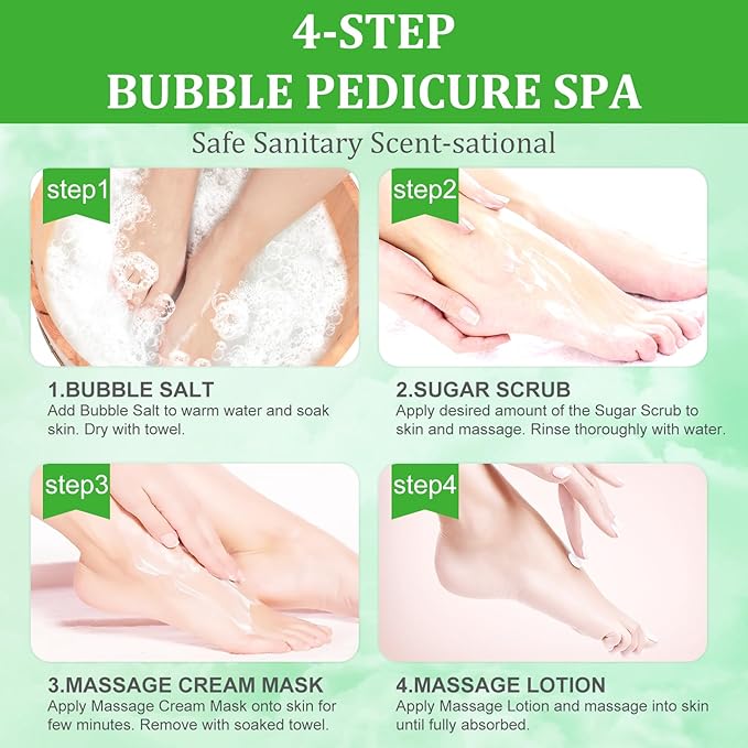 Pedicure Kit Foot Soak Set: Bubble Salt, Sugar Scrub, Massage Mask, Massage Lotion in a Box, 4 Step Foot Spa Kit for Dry Feet, Calluses and Tired Feet（3 Set Peppermint）