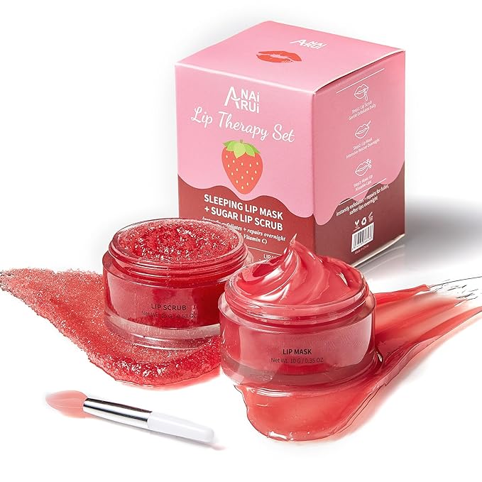 Lip Scrub & Lip Mask Set, Lip Sleeping Mask, Overnight Treatment Lip Care Products, Holiday Gift Set for Girls, Moisturize & Nourish, Dry Cracked Lips, Intense Hydration with Vitamin C