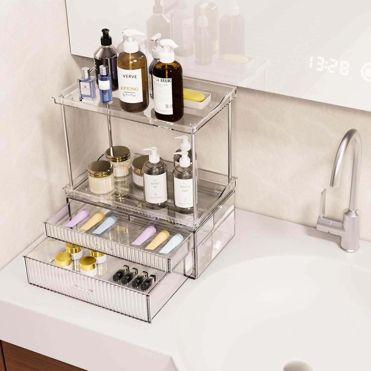 2-Tier 2-Drawer Bathroom Countertop Organizer : Large Multi-Purpose Makeup Vanity Organizer - Perfume & Skincare Storage Amber Clear