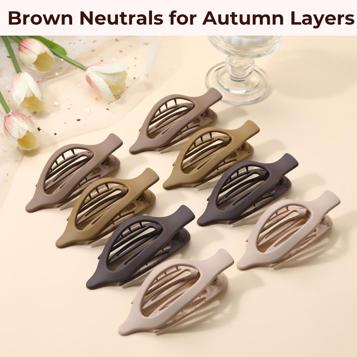 8 Pack Flat Brown Hair Clips – Neutral Matte French Brown Claw Clips for Women, Strong Hold Non-Slip Hair Barrettes for Everyday Office or Coffee Look