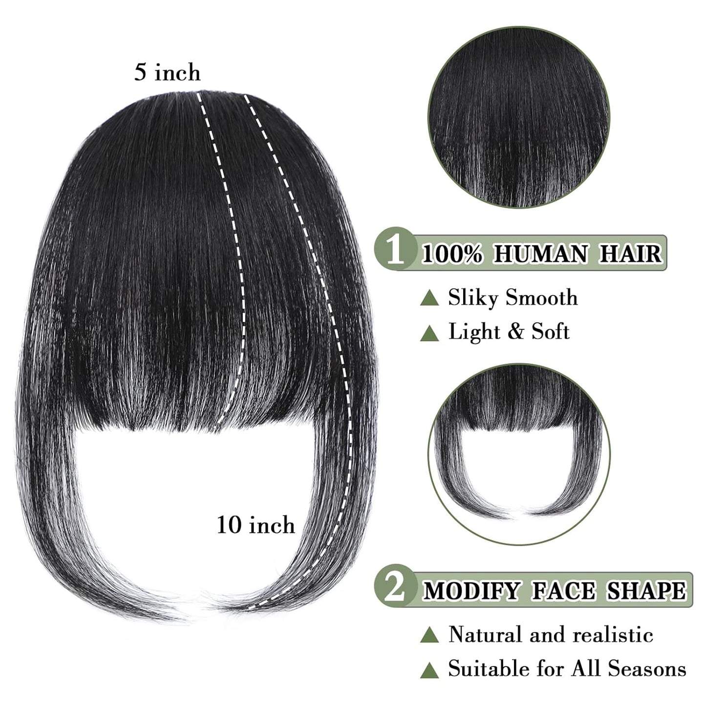 Clip in Bangs for Women - 100% Real Human Hair Wispy Bangs Hair Clip with Temples Hairpieces Fake Bangs for Daily Wear (Natural Black, Wispy Bangs)