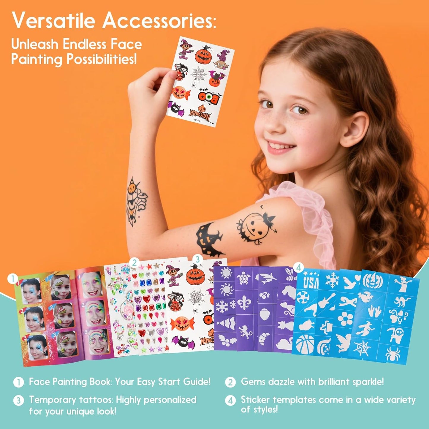 61-Piece Deluxe Face Painting brushes and Stencils Kit - Safe Non-Toxic face paint Stencils Set with 10 Pro Brushes, 8 sponges, 31 Reusable Stencils, 8 Stencils&More - For Carnival, Halloween&Parties