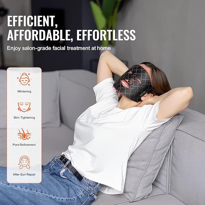 VEVOR Red Light Face Mask, LED Face Mask with 3 Wavelengths and 3 Intensity Levels, Soft Silicone Facial Skin Care Device for Skin Health, Anti Aging Wrinkles, Portable for Travel and Home Use