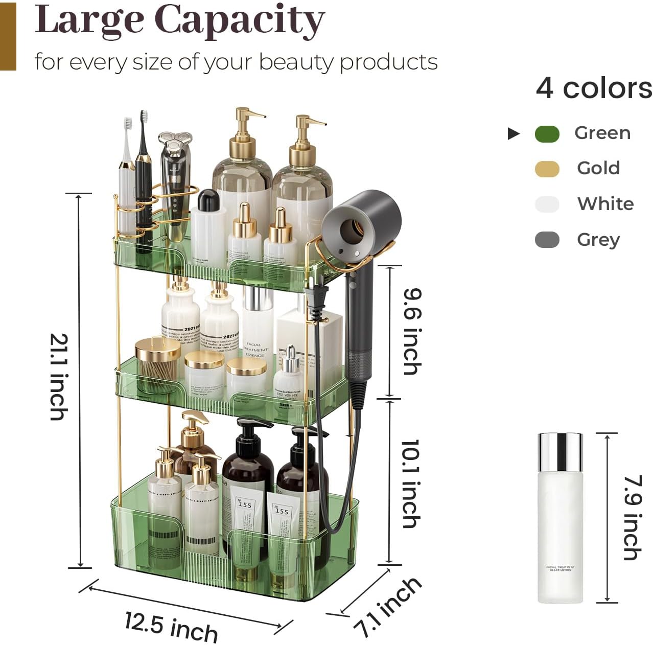 Aveniee Bathroom Counter Organizer,3 Tier Skincare Perfume Countertop Storage with Hair Dryer Rack and Toothbrush Holder, Cosmetic Makeup Tray for Vanity - Green