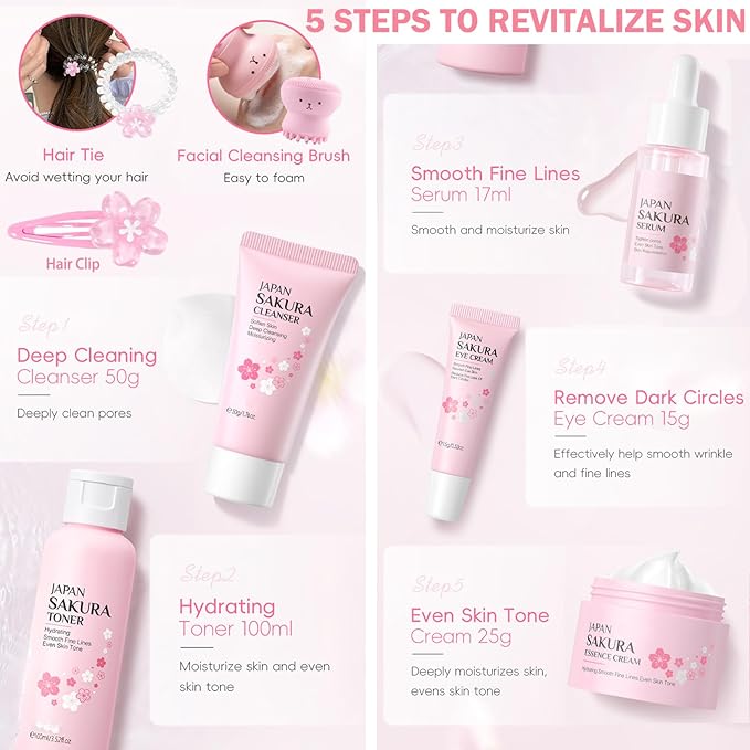 Skin Care Set for Women Girls, Cherry Blossoms Beauty Gift Sets for Intense Hydration, Face Skin Care Kit with Cleanser, Toner, Serum, Eye Cream, Face Cream - 8Pcs Skin Care Routine Kit