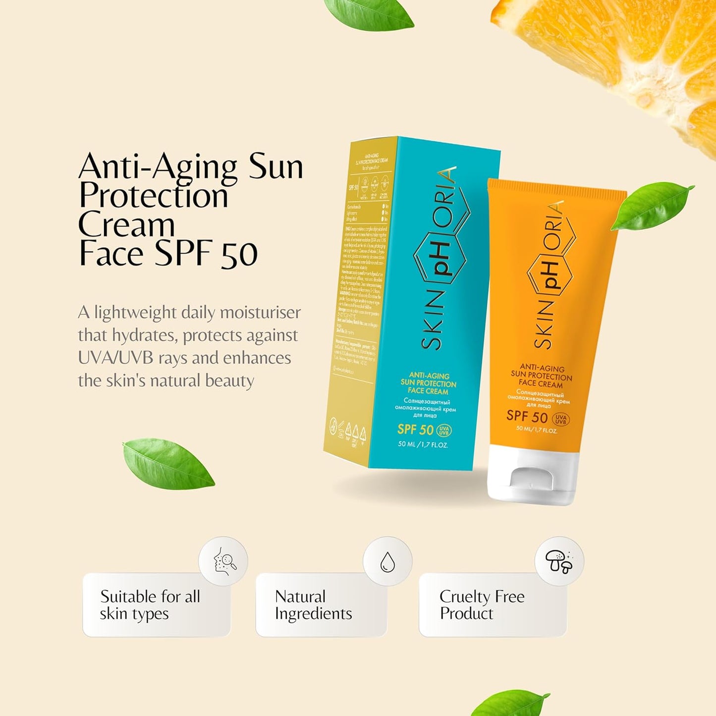 Anti-Aging Sun Protection Cream SPF 50 – Broad Spectrum Daily Face Cream for All Skin Types – Helps Protect Skin and Support a Youthful Glow – With Jojoba & Rosehip Oils – 50ml