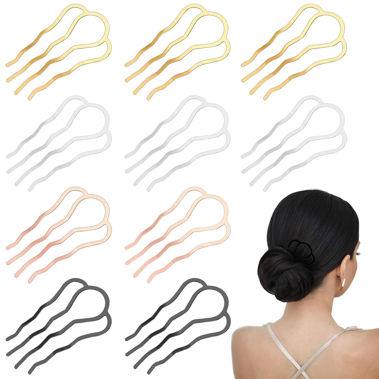 10 Pieces Hair Side Combs Metal Fork Clip French Twist Comb Updo Stick, U-Shape Teeth Styling Tools Messy Bun Maker Vintage Hairstyle Hair Pins Hair Accessories (muticolor)