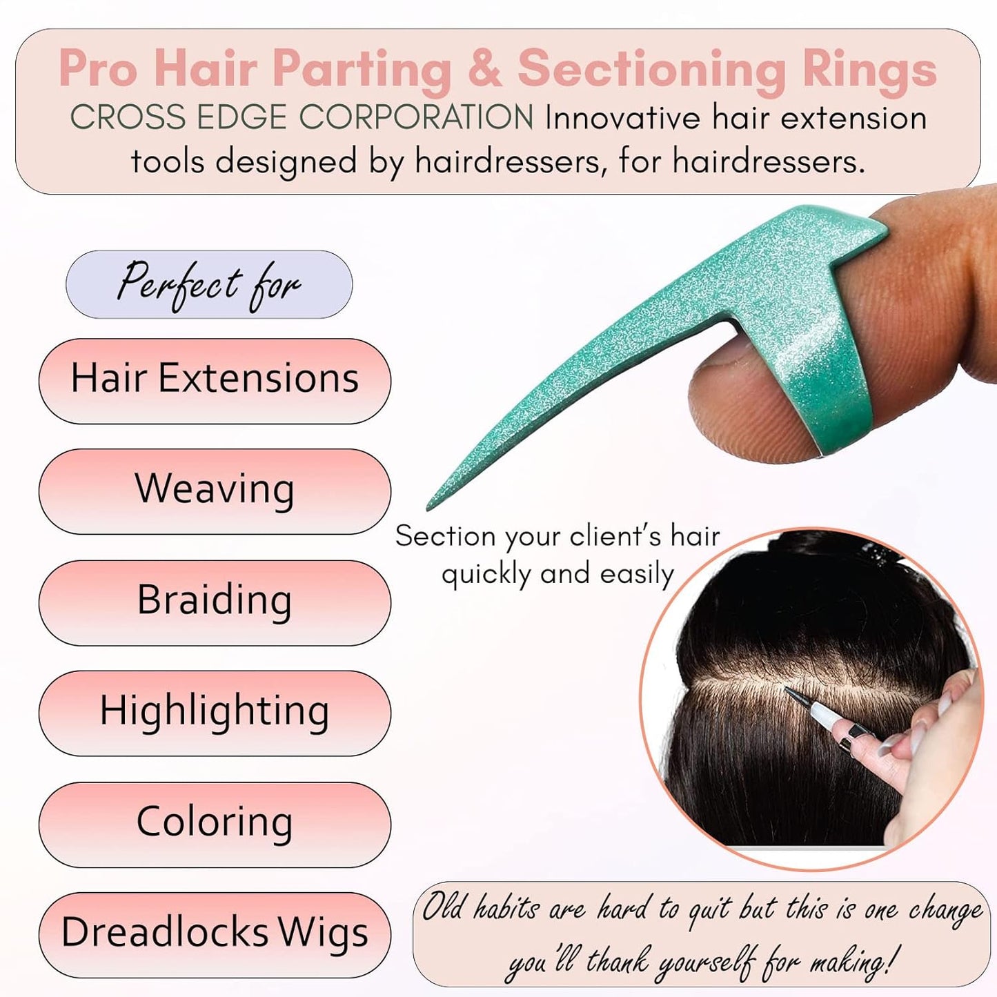 Quick Braid Aid Finger Parting Tool - Stainless Steel Stitch Braiding Tools for Durable Dreadlocks Wig, Weave Hair & Installation of Human Hair Extensions Beader Tool (Green Glitter)