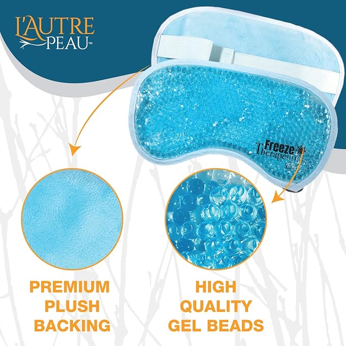 USA Merchant - Hot/Cold Plush Gel Bead Relief Wrap | Freeze Therapeutics by L'AUTRE PEAU | Hot Or Cold Reusable Ice Packs with Flexible Beads (Blue Full Eye Mask)