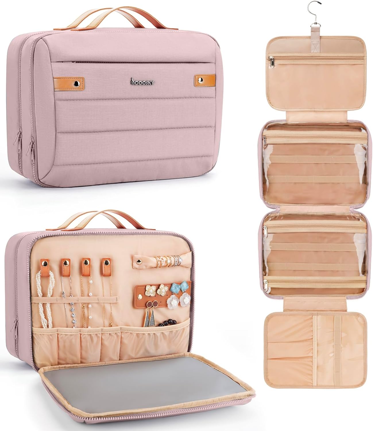 Women's Hanging Toiletry Bag, Waterproof Travel Cosmetic Organizer with Jewelry Storage, Large Capacity Makeup Case for Full-Size Skincare & Bathroom Essentials, Portable Cosmetic kit, Pink