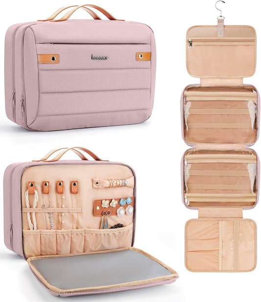 Women's Hanging Toiletry Bag, Waterproof Travel Cosmetic Organizer with Jewelry Storage, Large Capacity Makeup Case for Full-Size Skincare & Bathroom Essentials, Portable Cosmetic kit, Pink