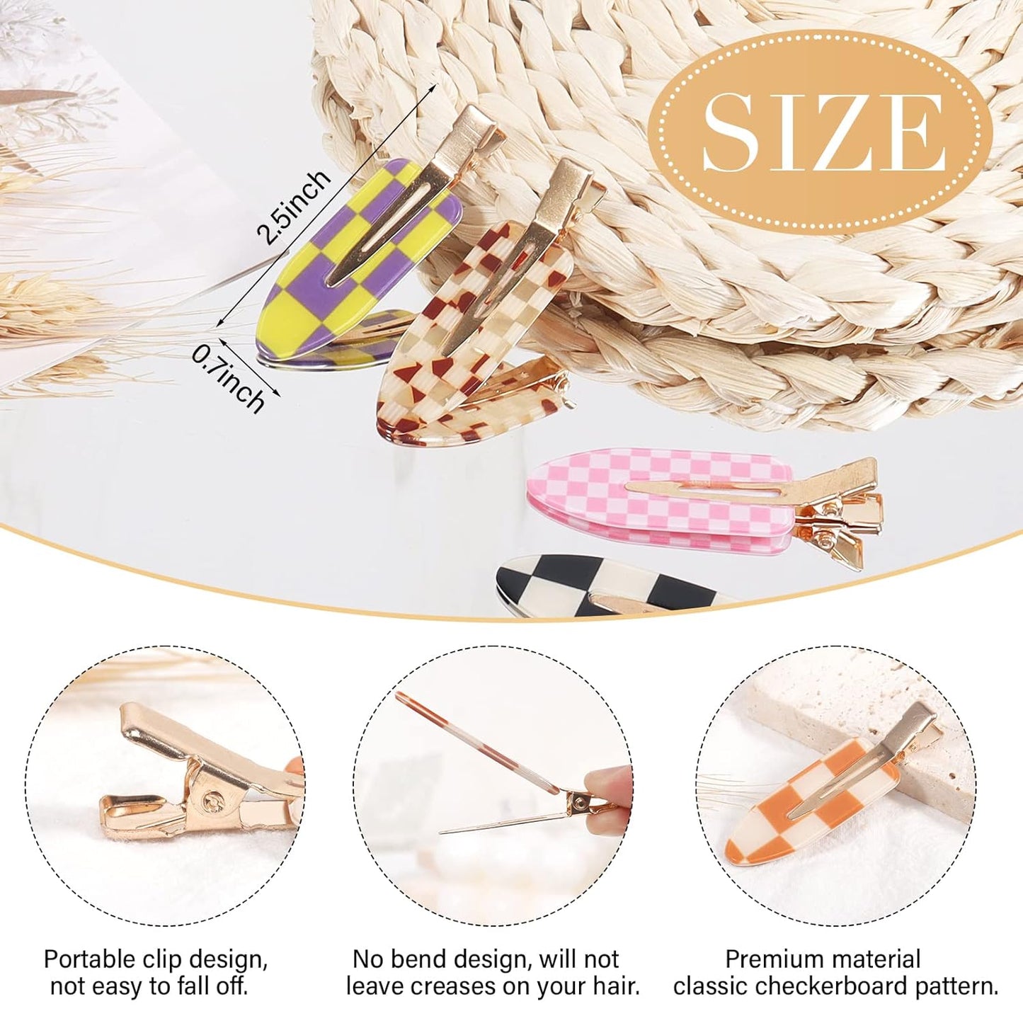 18PCS No Bend Hair Clips, Checkerboard No Crease Curl Pins, Acrylic Resin Flat Styling, Colorful Bang Seamless Duckbill Barrette for Makeup Hairstyle Accessories for Women Girls