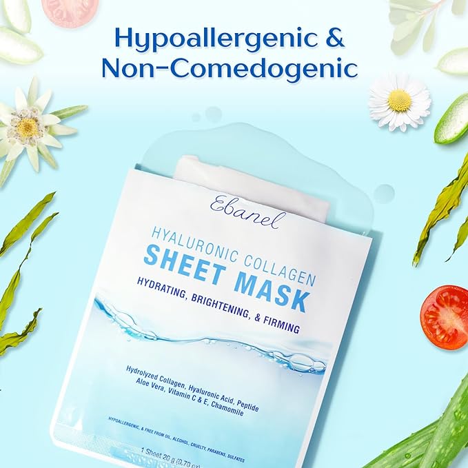 Ebanel 40 Pack Collagen Peptide Hydrating Face Masks, Instant Brightening Firming Anti Aging Face Sheet Masks, Moisturizing Spa Facial Mask Skincare with Hyaluronic Acid, Vitamin C, Chamomile, Aloe