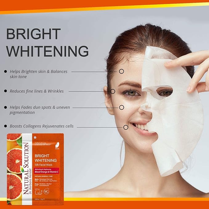 Natural Solution Sheet Mask, Enriched with Blood Orange & Vitamin C, White Brightening and Hydrating, Deep Pore Cleansing, Facial Skin Care - Pack of 20