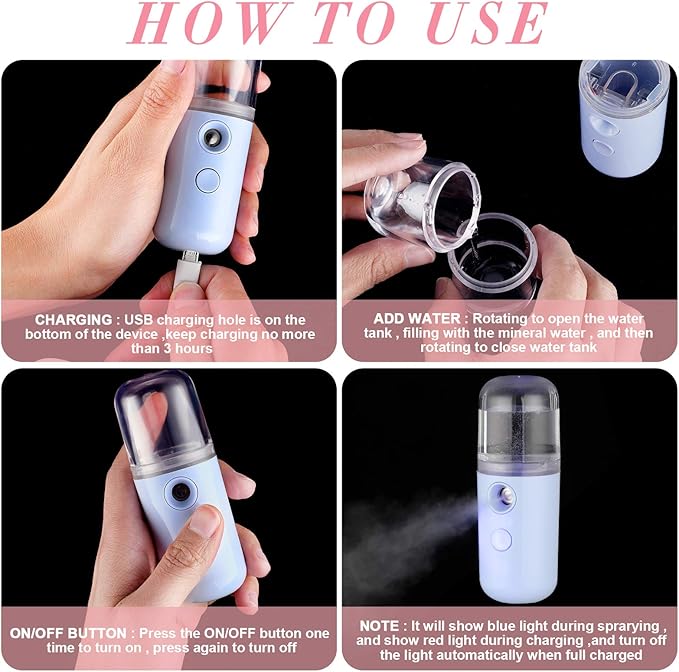 Honoson 2 Pieces Nano Facial Mister 30 ml Mini Face Humidifier Portable Facial Sprayer USB Rechargeable Handy Skin Care Machine for Face Hydrating, Daily Makeup (Blue and Dark Pink)