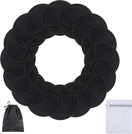 SUNLAND Reusable Makeup Remover Pads for Face,Eyes ,Lips 16 Pack Microfiber Face Cleansing Gloves Washable with Laundry Bag and Travel Bag Rounds Toner Pads (round 3.15inchx16, Black)